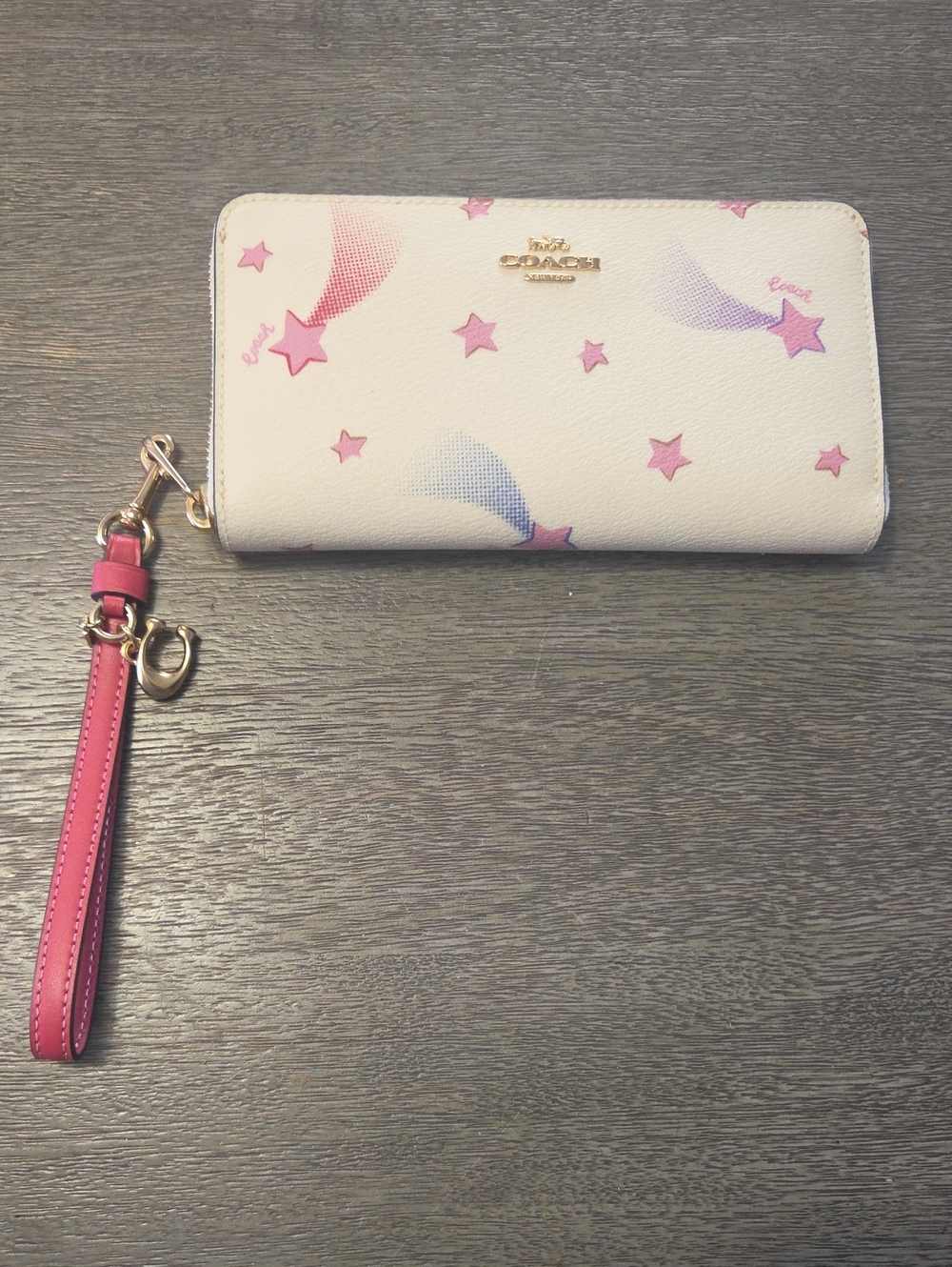 Coach Star Print Celestrial Zip Wristlet Wallet with Pink Strap